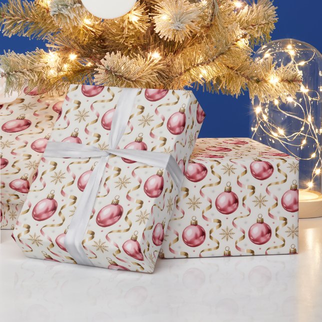 Pink Gold Bauble Luxury Christmas Holiday Pattern Wrapping Paper (Holidays)