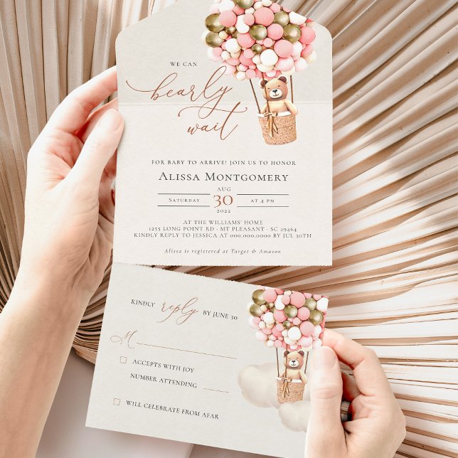 Pink Gold Bear Balloons Baby Shower Girl All In One Invitation (Creator Uploaded)