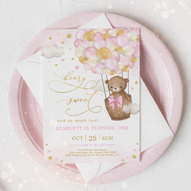 Pink Gold Bear Hot Air Balloon Girl 1st Birthday Invitation (Creator Uploaded)