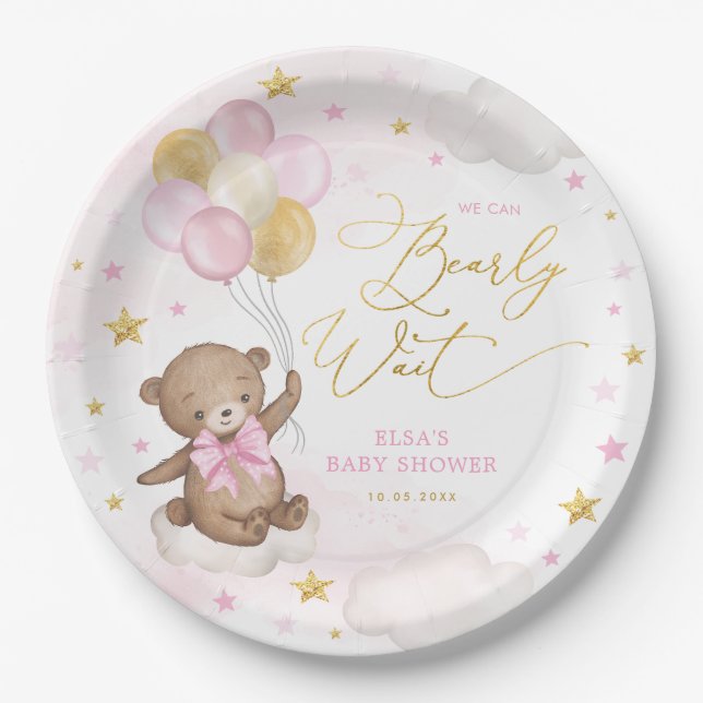 Pink Gold Bear with Balloons Starry Sky Baby Girl Paper Plate (Front)
