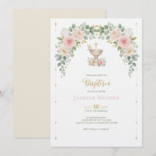 Pink Gold Beige Floral Dove Girl Baptism  Invitation
