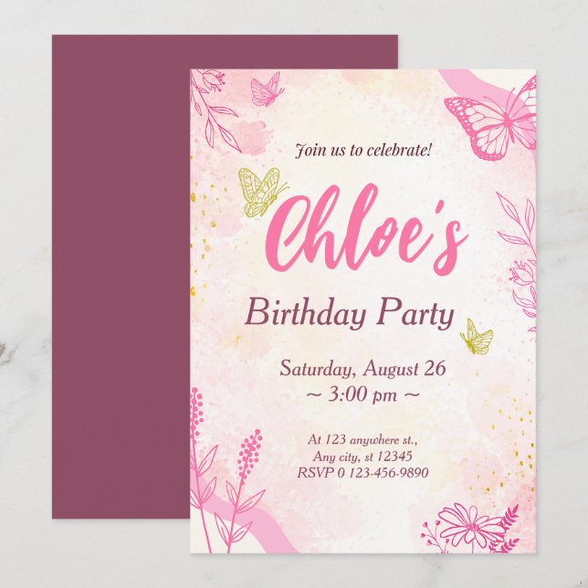 Pink Gold Birthday Invitation (Front/Back)
