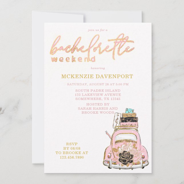 Pink Gold Black Car Bachelorette Weekend Invitation (Front)
