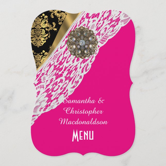 Pink gold black damask white lace wedding menu (Front)