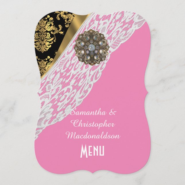 Pink gold black damask white lace wedding menu (Front)