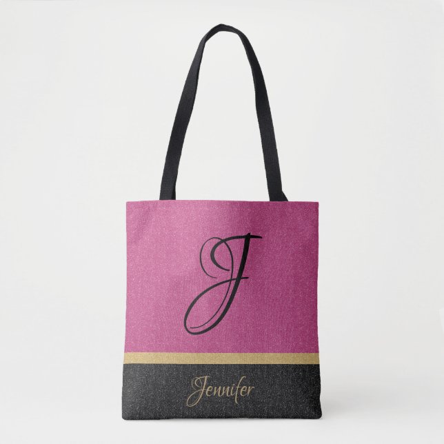 Pink Gold Black Glitter Name Monogram Personalised Tote Bag (Front)