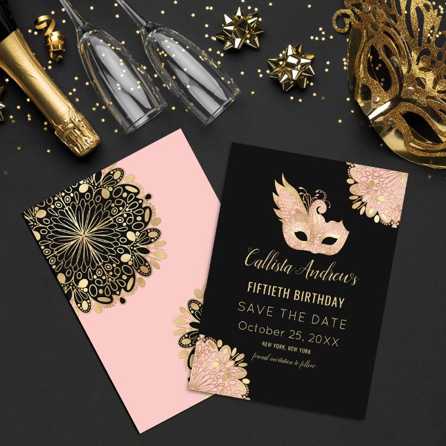 Pink Gold Black Masquerade Mask 50th Birthday Save The Date (Creator Uploaded)