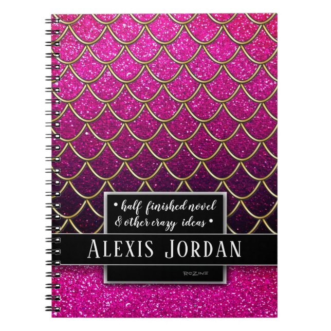 Pink Gold Black Ombre Glitter Mermaid Ocean Notebook (Front)
