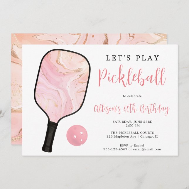 Pink gold black Pickleball birthday party Invitation (Front/Back)