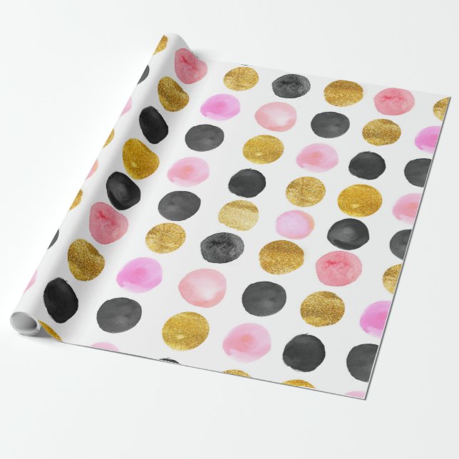 Pink Gold & Black Watercolor Paint Dots Pattern Wrapping Paper (Unrolled)