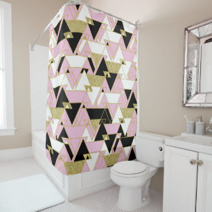 Pink Gold Black White Boho Glam Triangles Pattern  Shower Curtain