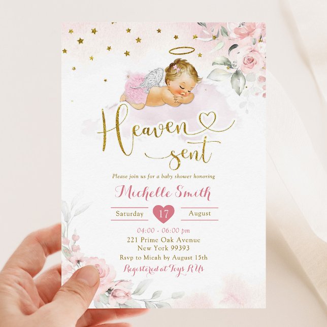 Pink Gold Blonde Girl Baby Heaven Sent Baby Shower Invitation (Creator Uploaded)