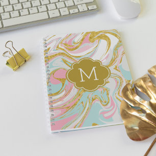 Pink Gold Blue Ink Marble Monogrammed Spiral Notebook