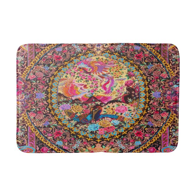 Pink Gold Blue Persian Floral Flowers Peacock Art Bath Mat (Front)