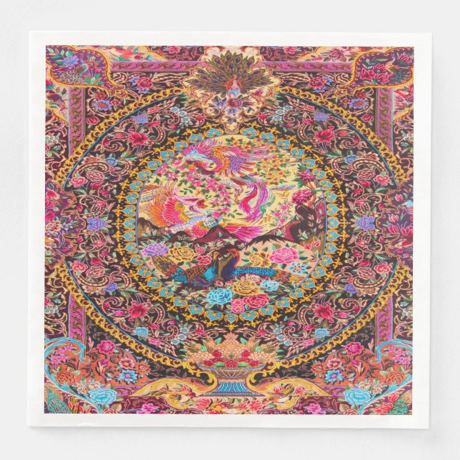 Pink Gold Blue Persian Floral Peacock Decoupage Napkin (Front)