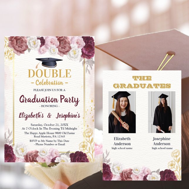 Pink  Gold Blush Joint Graduation Party 2 photos Invitation (Creator Uploaded)