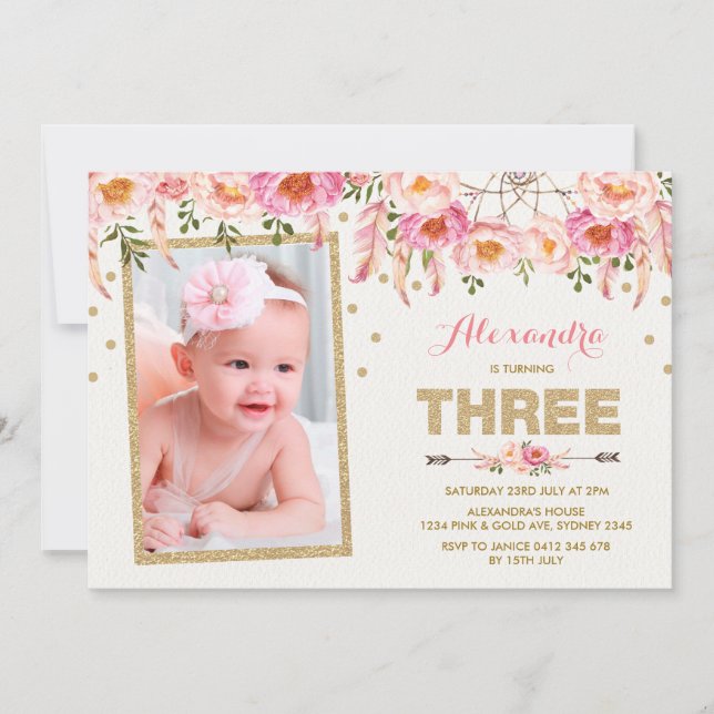 Pink Gold Bohemian Floral 3rd Birthday Invitation (Front)
