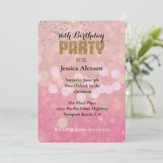 Pink Gold Bokeh Glitter Birthday Invitation