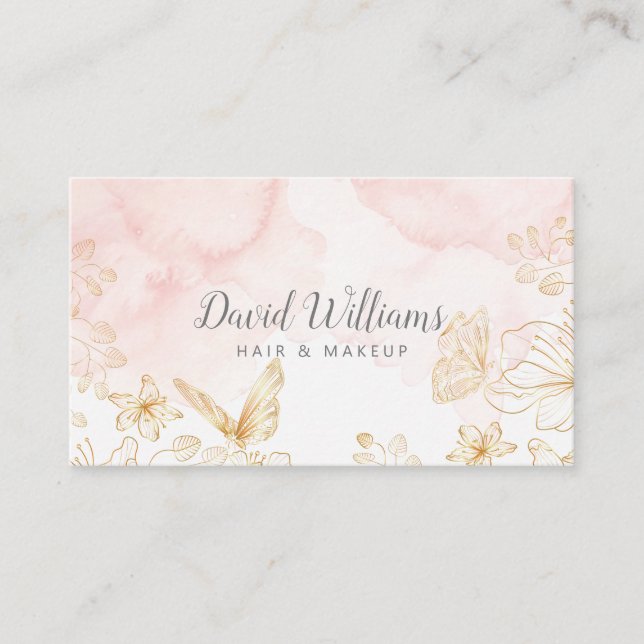 Pink Gold Botanical Art Liquid Watercolor Business Card (Front)