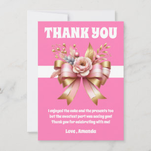 Pink Gold Bow First Birthday Thank You Card