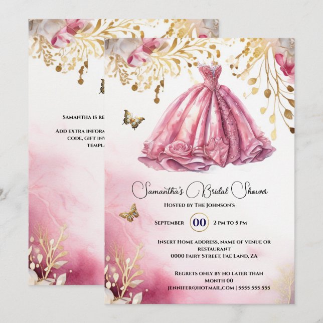 Pink gold bride to be ballgown luxury dress floral invitation (Front/Back)