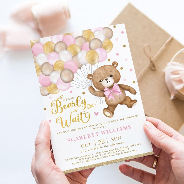 Pink Gold Brown Teddy Bear Girl Baby Shower Invitation (Creator Uploaded)