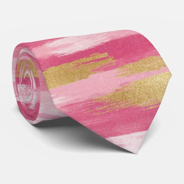 Pink Gold Brushstroke Style Neck Tie (Rolled)