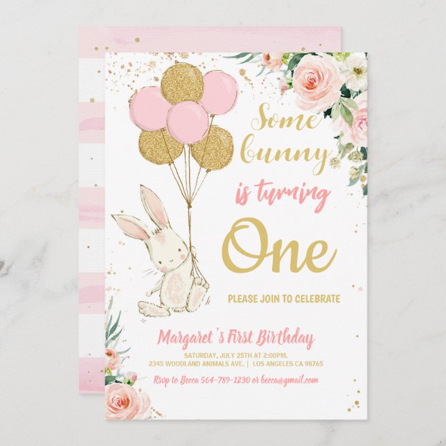 Pink Gold Bunny Birthday Invitation (Front/Back)