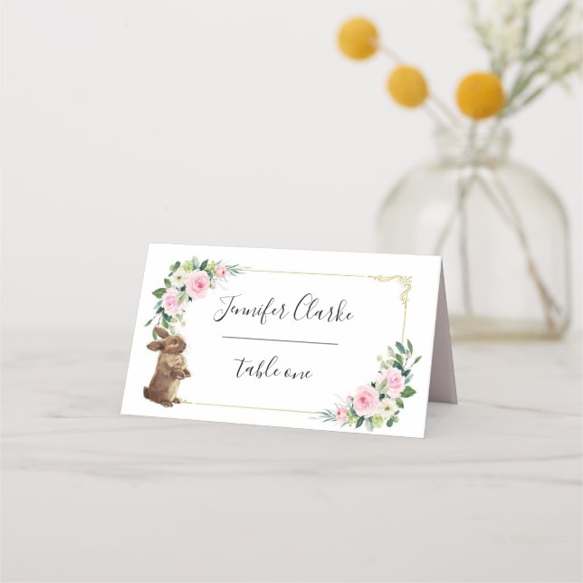 Pink & Gold Bunny Rabbit Floral Place Card (Front)