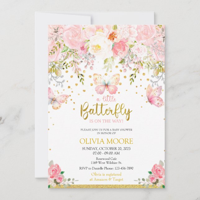 Pink & Gold butterfly baby shower invitation (Front)