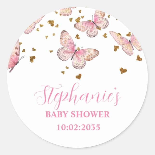 Pink & Gold Butterfly Kisses Baby Shower  Classic Round Sticker (Front)