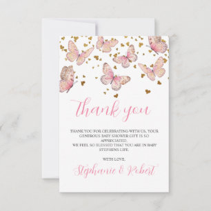 Pink & Gold Butterfly Kisses Baby Shower Thank You Card