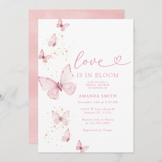 Pink Gold Butterfly Love In Bloom Bridal Shower  Invitation (Front/Back)