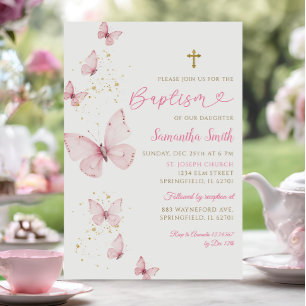 Pink Gold Butterfly Minimalist Baptism Girl Invitation