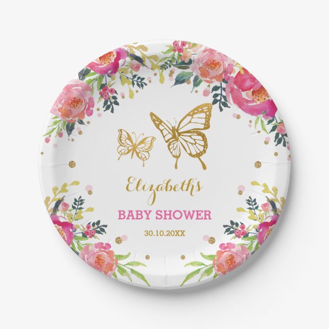 Pink Gold Butterfly / Pretty Watercolor Floral Paper Plate (Front)