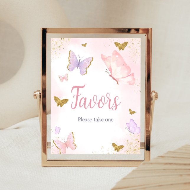 Pink Gold Butterfly Spring Favours Poster (Purple Gold Butterfly Baby Shower Favors Sign)