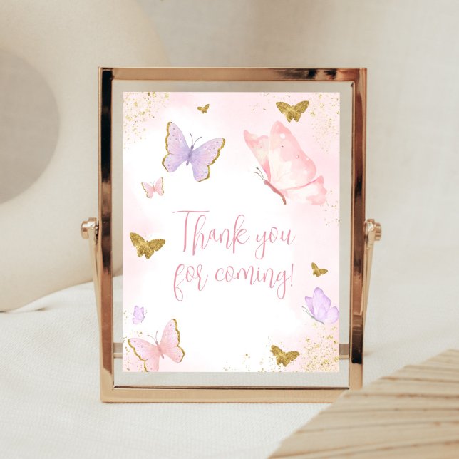 Pink Gold Butterfly Spring Thank You for Coming Poster (Purple Gold Butterfly Baby Shower Thank You for Coming Sign)