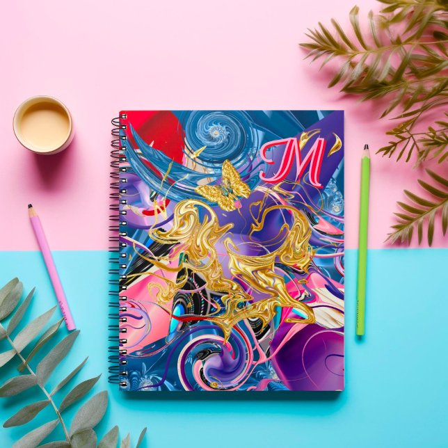 Pink Gold Butterfly Swirl Monogram Liquid Abstract Notebook (Creator Uploaded)