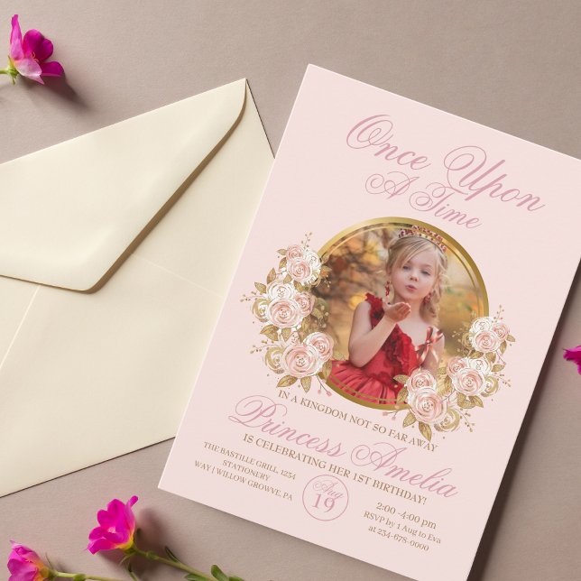 Pink Gold Castle Princess Photo 1st Birthday  Invitation (Creator Uploaded)