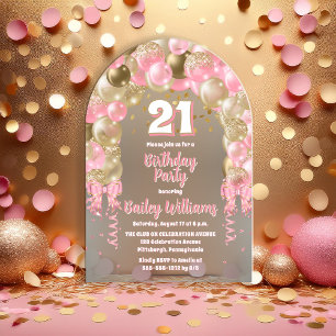 Pink Gold Celebration Balloons 21st Birthday Party Acrylic Invitations