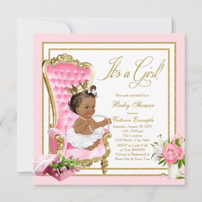 Pink Gold Chair Ethnic Princess Pearl Baby Shower Invitation (Front)