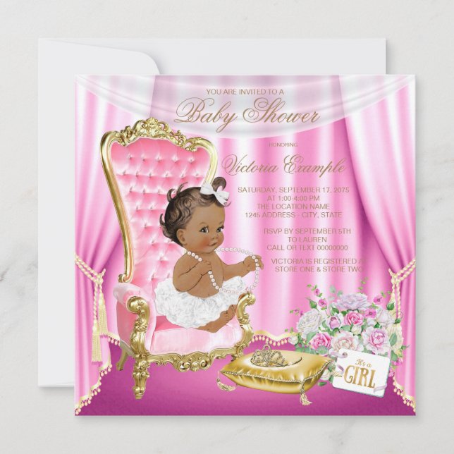Pink Gold Chair Ethnic Princess Pearl Baby Shower Invitation (Front)