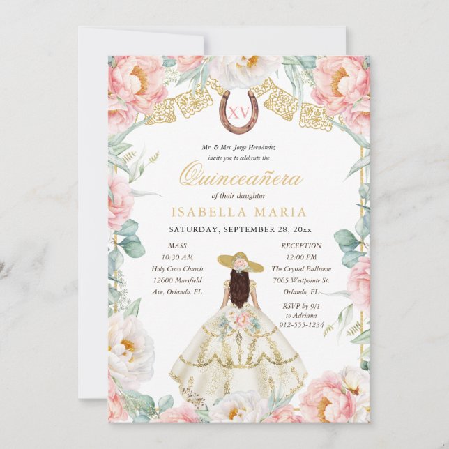 Pink & Gold Charra with Photo Mexican Quinceañera Invitation (Front)