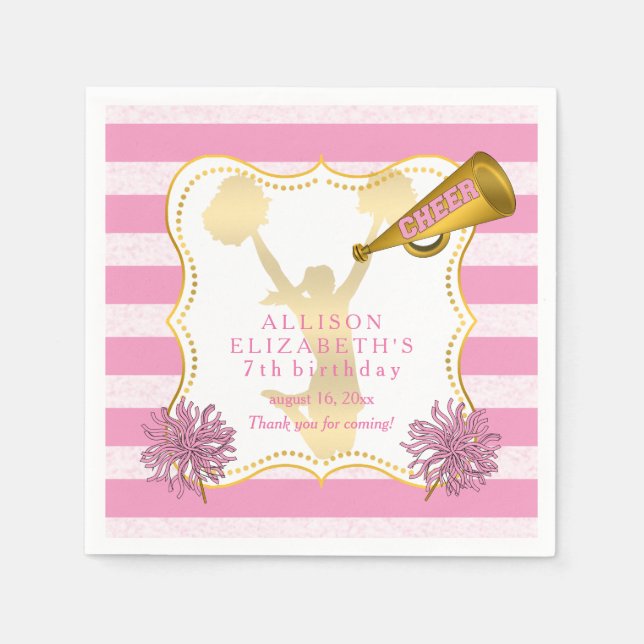 Pink | Gold Cheer Cheerleader Girl Birthday Party Napkin (Front)