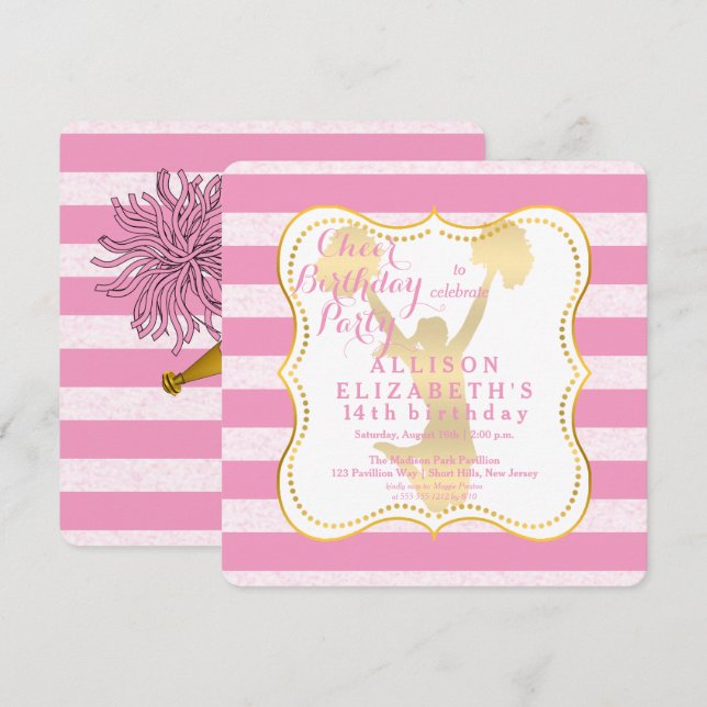Pink | Gold Cheer Cheerleader Teen Birthday Party Invitation (Front/Back)