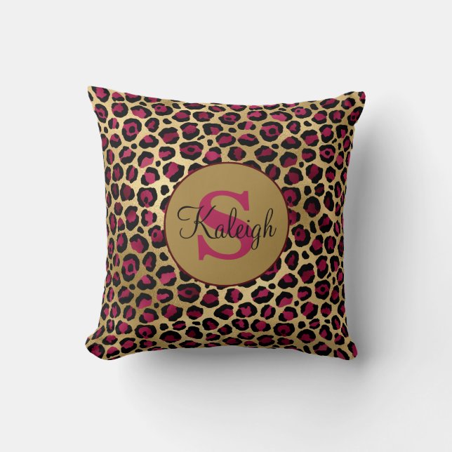 Pink Gold Cheetah/Leopard Print Monogram Name Cushion (Front)