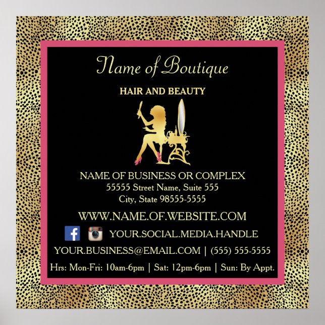 Pink Gold Cheetah Print Boutique Information Sign (Front)