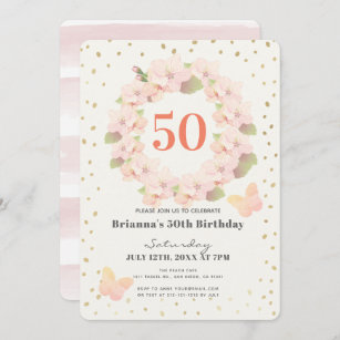 Pink & Gold Cherry Blossom Floral Adult Birthday Invitation