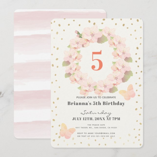 Pink & Gold Cherry Blossom Floral Girl Birthday Invitation (Front/Back)