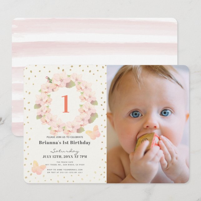 Pink & Gold Cherry Blossom Girl Photo 1st Birthday Invitation (Front/Back)